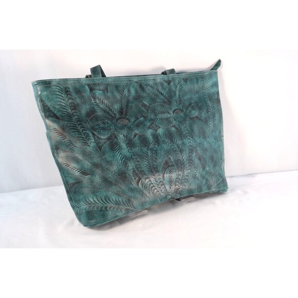 LEADERS IN LEATHER Turquoise Embossed Tote Bag with Floral Pattern - Picture 5 of 10